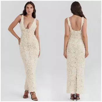 Элегантное длинное платье с 3D-цветком и бретелькой через шею, женское облегающее платье без рукавов с открытой спиной, плиссированное праздничное платье 2024 года, летние женские однотонные хлопковые халаты L бежевый