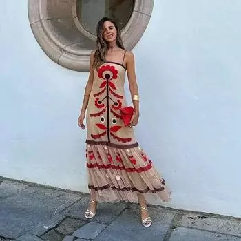 Элегантное длинное платье с сетчатым принтом и оборками для женщин, шикарное платье на тонких бретельках, без рукавов, с открытой спиной, Vestidos 2024, женский праздничный халат для вечеринок S красный