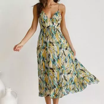 Элегантное длинное платье с высокой талией и принтом для отдыха, сексуальное женское платье-бретелька с v-образным вырезом, повседневное бандажное платье без рукавов 26028 S зелёный