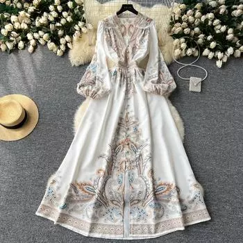 Элегантное длинное платье во французском стиле ретро, женские вечерние платья в придворном стиле с принтом пейсли, женские тонкие длинные платья трапециевидной формы с v-образным вырезом M чёрный