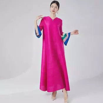 Элегантное длинное плиссированное платье больших размеров с рукавами-трубами One Size горчичный/жёлтый