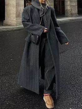 Элегантное длинное полосатое пальто для женщин, повседневная свободная отложная куртка с длинным рукавом, модная женская верхняя одежда для ленивых женщин 2024 года S темно-серого