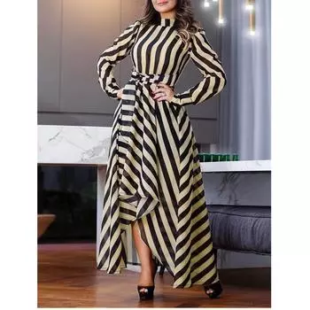 Элегантное длинное свободное платье в полоску с длинными рукавами весной и летом S