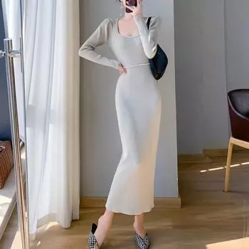 Элегантное длинное трикотажное платье с жемчужной основой, женская осенне-зимняя новая мода, длинные рукава, тонкая одежда, французский простой шик, внутренние платья-свитера S абрикосовый