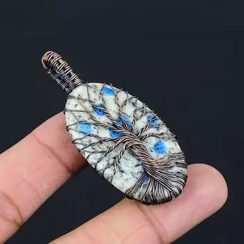 Элегантное Древо Жизни K2 Азурит Драгоценный Камень Чистая Медная Проволока Обернутая Ювелирные Изделия Подвески Ручной Работы 2.56 Inches белый