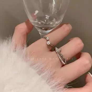 Элегантное двухслойное кольцо-бабочка с жемчугом и регулируемой посадкой A серебряный