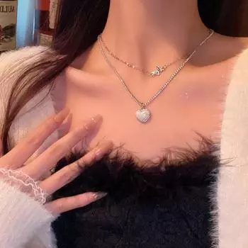 Элегантное двухслойное ожерелье с бриллиантовым сердцем и бабочкой: Модная, универсальная женская цепочка на ключицу X1337 серебряный