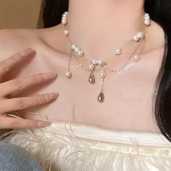 Элегантное двухслойное жемчужное ожерелье с кисточкой - высококачественная легкая роскошная ключичная цепочка X1636 серебряный