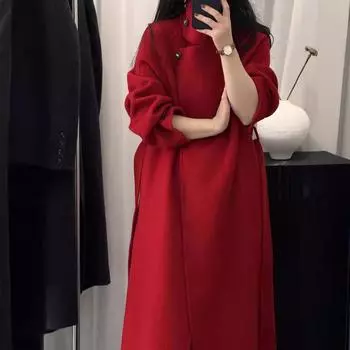 Элегантное двухстороннее кашемировое пальто женское воротник-стойка металлическая пряжка корейская версия темперамент длинное утолщенное шерстяное пальто женское S [100-67.5 kg]