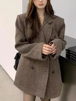 Элегантное двустороннее кашемировое пальто женское осень-зима короткое 2024 новые свободные куртки корейский шикарный шерстяной блейзер одежда уличная одежда S коричневый
