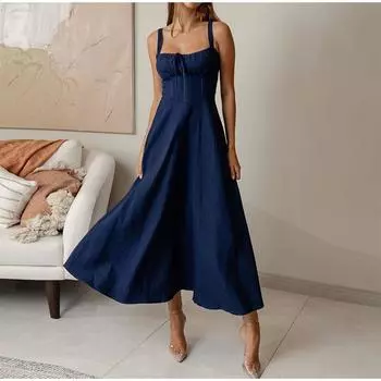 Элегантное джинсовое платье-комбинация для женщин, на шнуровке, однотонное, без рукавов, с открытой спиной, плиссированное, длинное, женское, летнее, для отдыха, вечернее, женское платье 2025 года S темно-синий