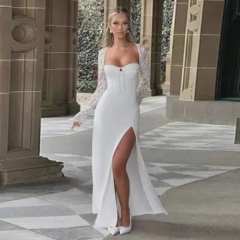 «Элегантное европейско-американское облегающее платье с кружевом — соблазнительный дизайн с длинными рукавами и разрезом для женщин». Small белый