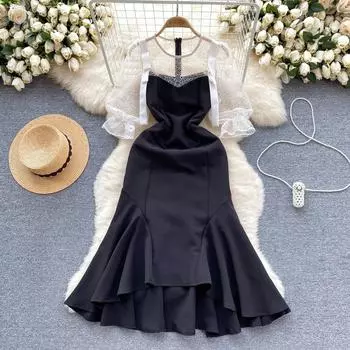 Элегантное французское платье с пышными рукавами, элитные вечерние юбки, кружевной дизайн, лоскутная юбка «рыбий хвост», контрастный цвет S чёрный