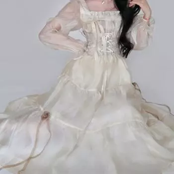 Элегантное французское свободное платье с квадратным вырезом, женское винтажное платье с длинными рукавами в дворцовом стиле, эстетичное длинное вечернее платье осень-зима S абрикосовый