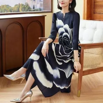 Элегантное и богатое плиссированное платье с рукавами 3/4 и цветочным принтом пионов для женщин, утягивающее нижнюю юбку One Size чёрный