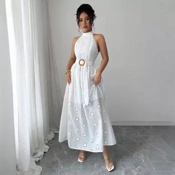 Элегантное и изысканное кружевное платье макси с вырезом для женской весны и лета S белый