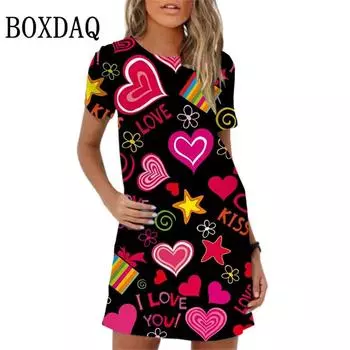 Элегантное и милое мини-платье с принтом в виде любви для женщин и девочек, с короткими рукавами, летнее, весеннее, просторное платье-сарафан S