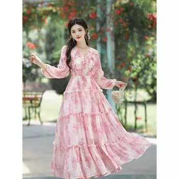 Элегантное и милое праздничное французское платье с рюшами и цветочным принтом для женщин в праздничном стиле one size розовый