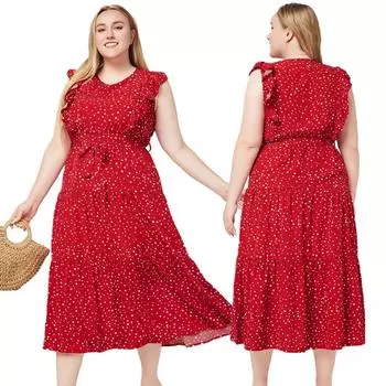 Элегантное и облегающее платье без рукавов в горошек для женщин больших размеров XL красный