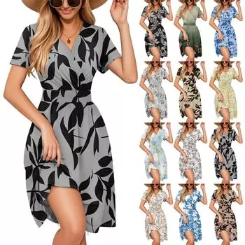 Элегантное и повседневное женское платье с красочным принтом, V-образным вырезом и короткими рукавами. S жёлтый