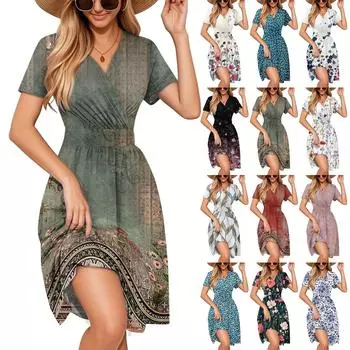 Элегантное и повседневное женское платье с красочным принтом, V-образным вырезом и короткими рукавами. L чёрный