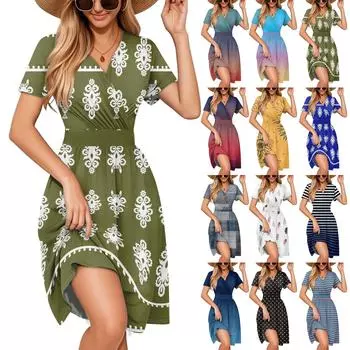 Элегантное и повседневное женское платье с красочным принтом, V-образным вырезом и короткими рукавами. M