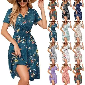 Элегантное и повседневное женское платье с красочным принтом, V-образным вырезом и короткими рукавами. M розовый