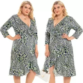 Элегантное и стильное платье большого размера с V-образным вырезом и неровным краем в виде листьев лотоса XL синий