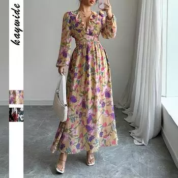 Элегантное и стильное принтованное платье с V-образным вырезом для женщин на весну и лето S чёрный