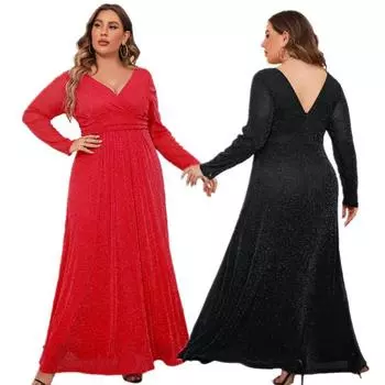 Элегантное и стильное весеннее сетчатое вечернее платье больших размеров с v-образным вырезом и длинными рукавами XL красный