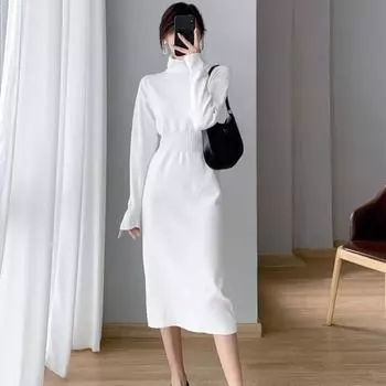 Элегантное и теплое трикотажное платье с длинными рукавами и завязкой на талии для женщин XL белый