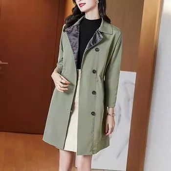Элегантное и теплое женское пальто средней длины в армейском зеленом цвете с британским воротником и отделкой бисером M армия зеленый