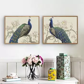 Элегантное искусство синие павлины на дереве розовый цветок Традиционная китайская пасторальная картина на холсте настенные постеры для домашнего декора 40x60cm No Frame