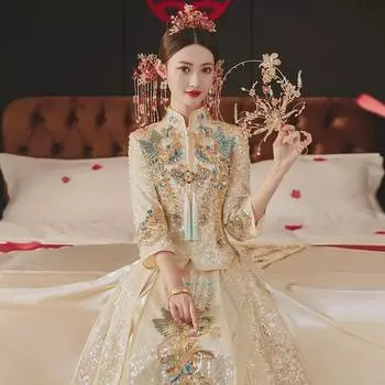 Элегантное китайское свадебное платье цвета шампанского Xiuhefu 2025 - летнее платье-кимоно с драконом и фениксом M
