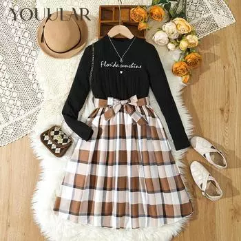 Элегантное клетчатое платье с длинными рукавами для девочек и клетчатым поясом с бантом, детская праздничная одежда 8Y чёрный