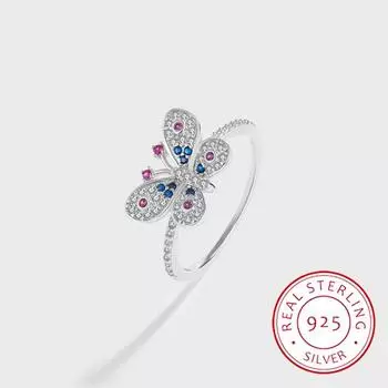 Элегантное кольцо из серебра 925 пробы с радужной бабочкой и пчелой, с сапфиром и рубином, для женщин, оригинальное кольцо из стерлингового серебра, подарок на помолвку, ювелирные изделия 6 белый
