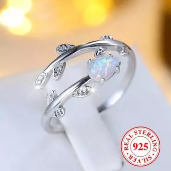 Элегантное кольцо с белым опалом в форме листа из стерлингового серебра 925 пробы для женщин, регулируемое кольцо с отверстием, роскошные свадебные украшения, подарок серебряный