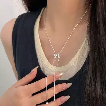 Элегантное колье с бантом: Легкая роскошная цепочка для свитера — универсальный, модный ювелирный аксессуар Necklace серебряный