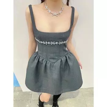 Элегантное короткое серое платье со стразами и бриллиантами, женские черные платья, роскошное винтажное платье y2k для вечеринки, праздничного вечера, корейская ткань S чёрный