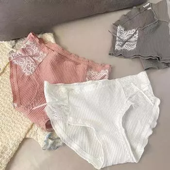 Элегантное кружевное нижнее белье для женщин из чистого хлопка, милое, удобное, бант для девочек с черными краями в виде грибка, нижнее белье со средней посадкой. Трусики M розовый