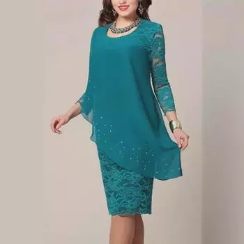 Элегантное платье с рукавом три четверти, однотонное, с кружевной отделкой, приталенного силуэта, для больших размеров 5XL зелёный