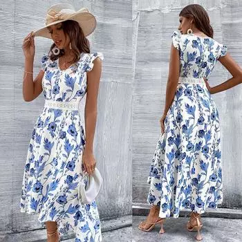 Элегантное кружевное платье с вышивкой, женское летнее повседневное пляжное длинное платье с цветочным принтом, модные белые платья нерегулярной формы, новинка 2024 года L синий