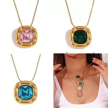 Элегантное квадратное ожерелье с цветком, циркониевый кулон, ожерелье из нержавеющей стали, украшение на шею, идеальный подарок для девушки-женщины синий