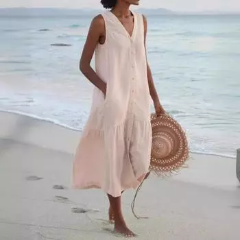 Элегантное летнее платье без рукавов с V-образным вырезом, женское модное свободное платье больших размеров, сексуальное женское свободное длинное однобортное пляжное платье 1311 S бежевый