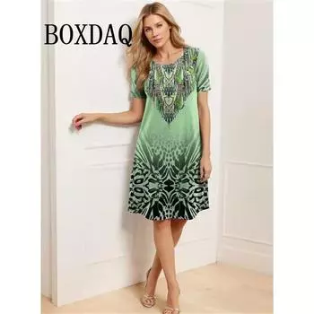 Элегантное летнее платье больших размеров с круглым вырезом, женское повседневное свободное вечернее платье с коротким рукавом, модное платье-трапеция с принтом, сарафан S