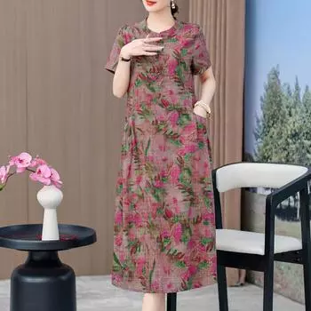 Элегантное летнее платье для женщин больших размеров, повседневные длинные платья с винтажным принтом, женская одежда среднего возраста XL