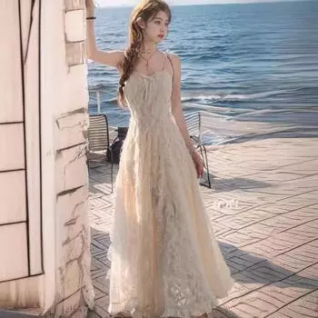 Элегантное летнее платье с цепочкой и перьями 2024 года — женская длинная юбка с заниженной талией S