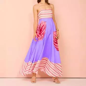 Элегантное летнее платье с растительным принтом для европейских и американских женщин с высокой талией (2025) XL