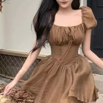 Элегантное летнее сексуальное платье, женская уличная одежда, корейская мода, коричневые вечерние мини-платья, сарафан с пышными рукавами и квадратным воротником S коричневый