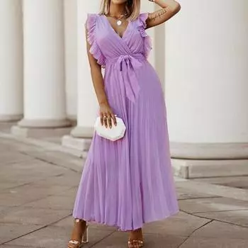 Элегантное летнее шифоновое фиолетовое сексуальное длинное платье с v-образным вырезом для женщин, однотонное плиссированное пляжное платье с рукавами-лепестками 24971 S чёрный